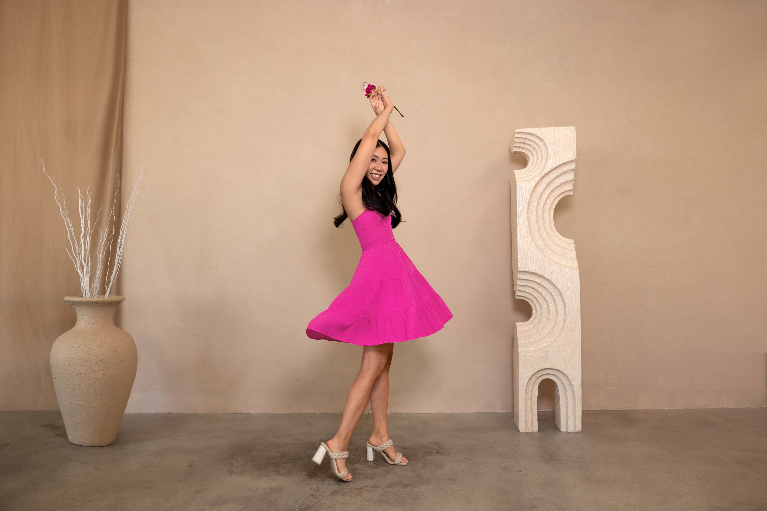 Michelle Kang wearing a pink dress