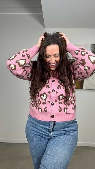 Pink Heart-Shaped Leopard Print Cardigan