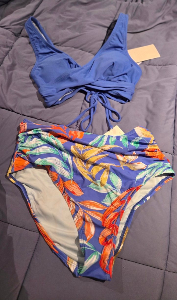 Blue Lace-Up Back Bikini Top & Retro Tropical Bottoms Set | Bold