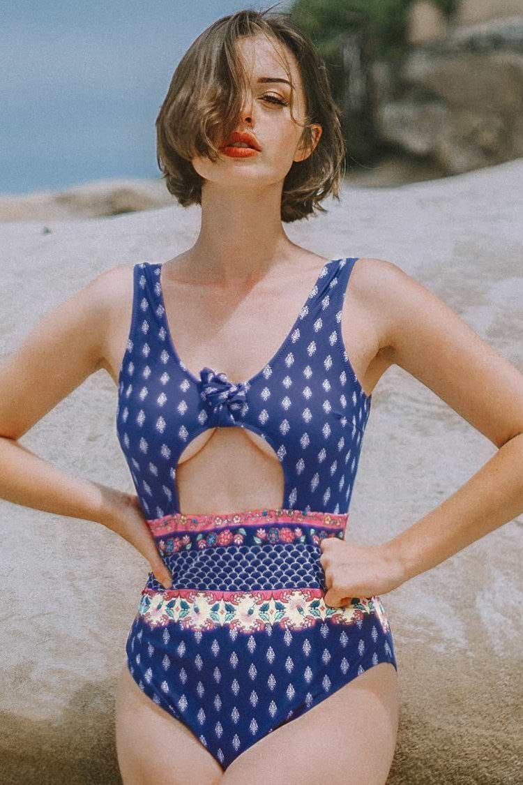 Blue Print Knotted Scoopneck Cutout One Piece Swimsuit
