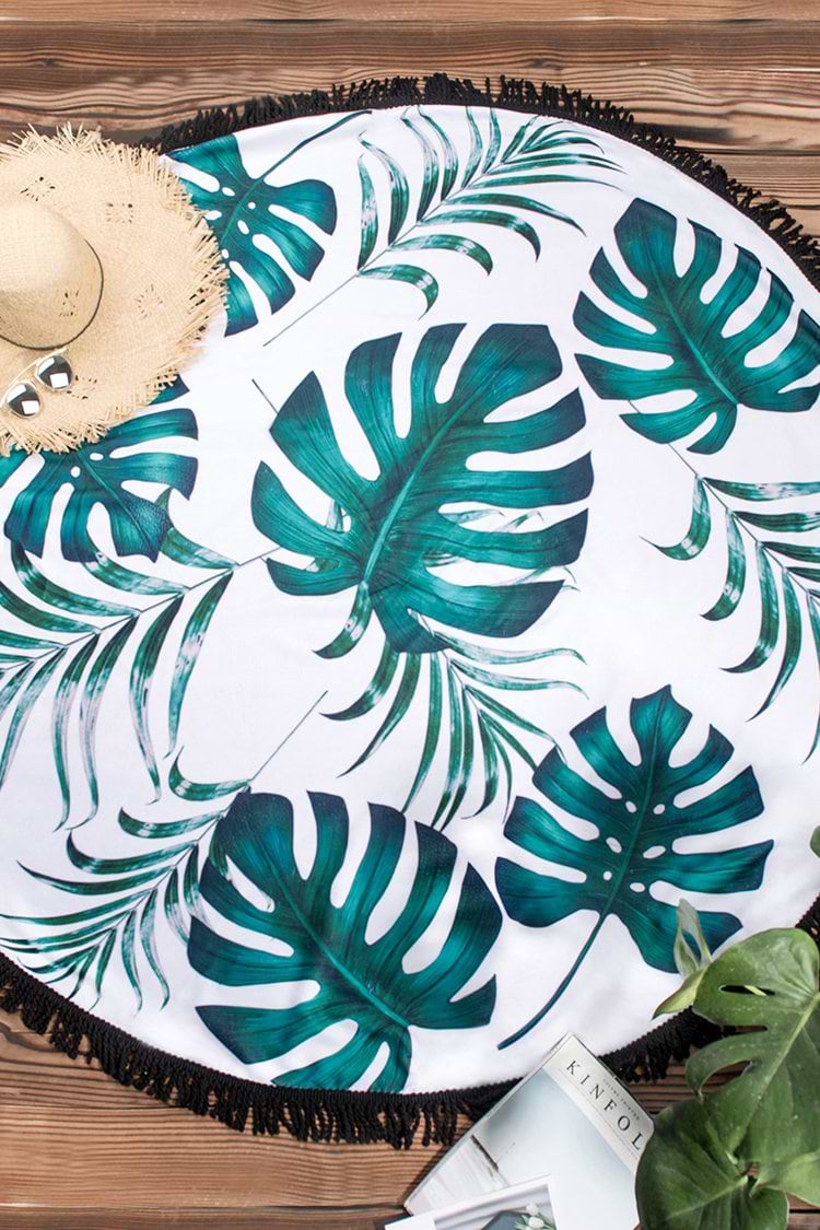 Leaf Print Beach Towel with  Black Tassel