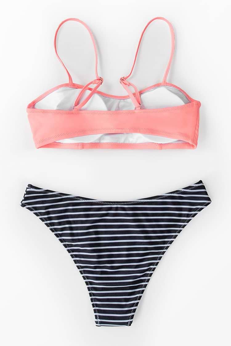 Pink Bandeau Bikini Top with Stripe Bikini Bottom