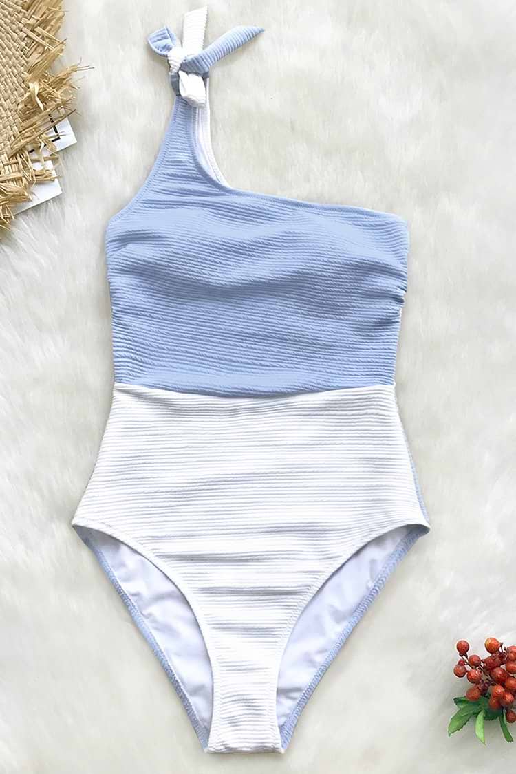 Blue and White One Shoulder One-Piece Swimsuit