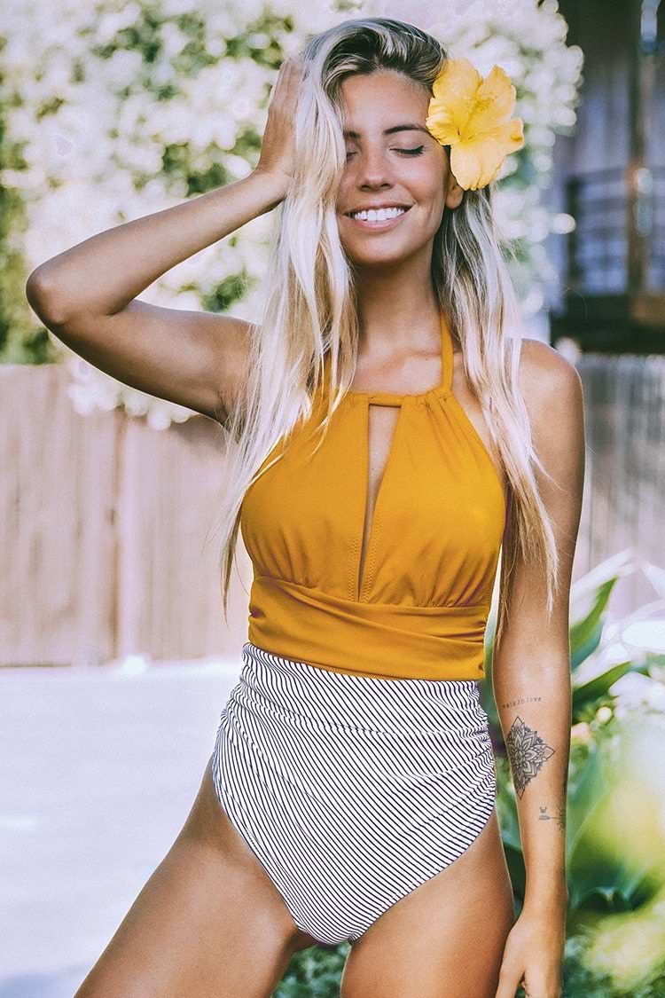 Textured and Striped Halter Tummy Control One Piece Swimsuit