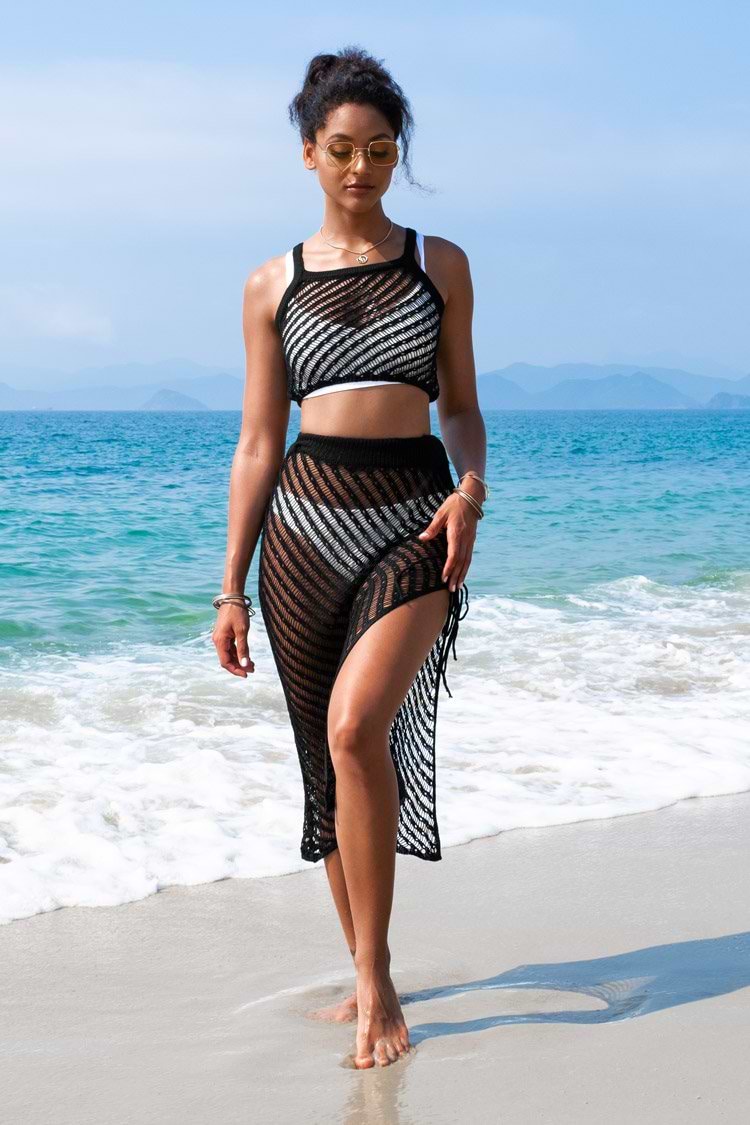 Irene Black Mesh Top and Skirt Set