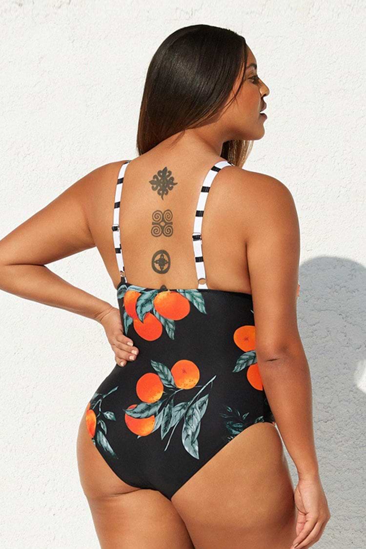 Stripe and Orange Plus Size One Piece Swimsuit