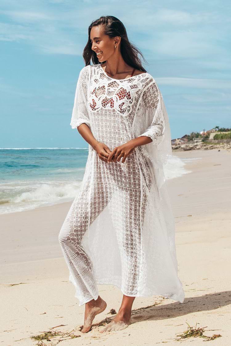 White Sheer Embroidery Long Cover Up