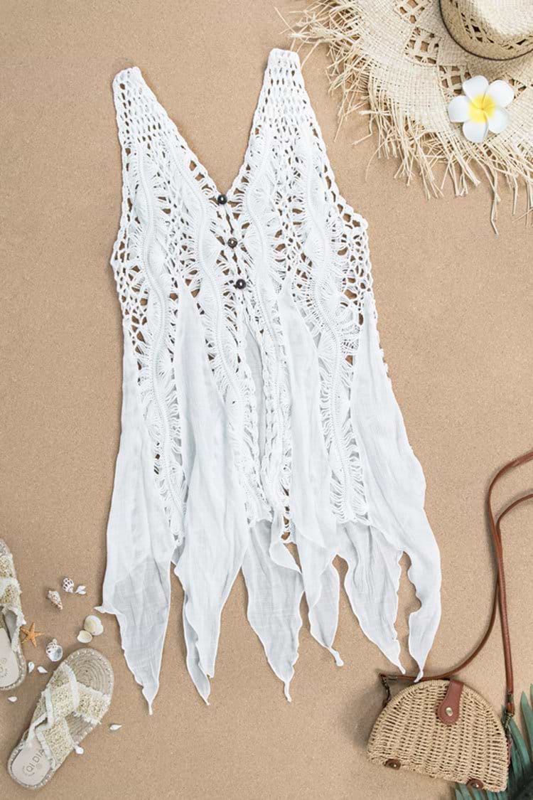 Buttoned Sleeveless Jagged Edge Hem Cover Up