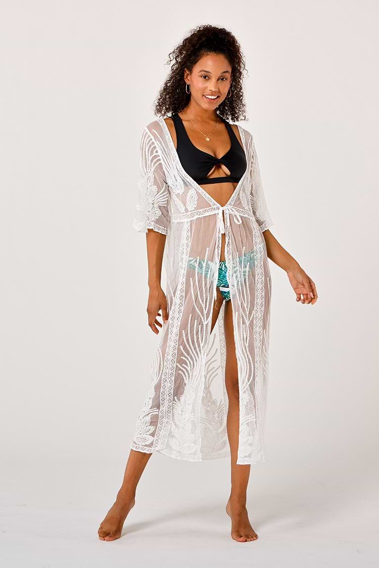 White Embroidery Kimono Cover Up