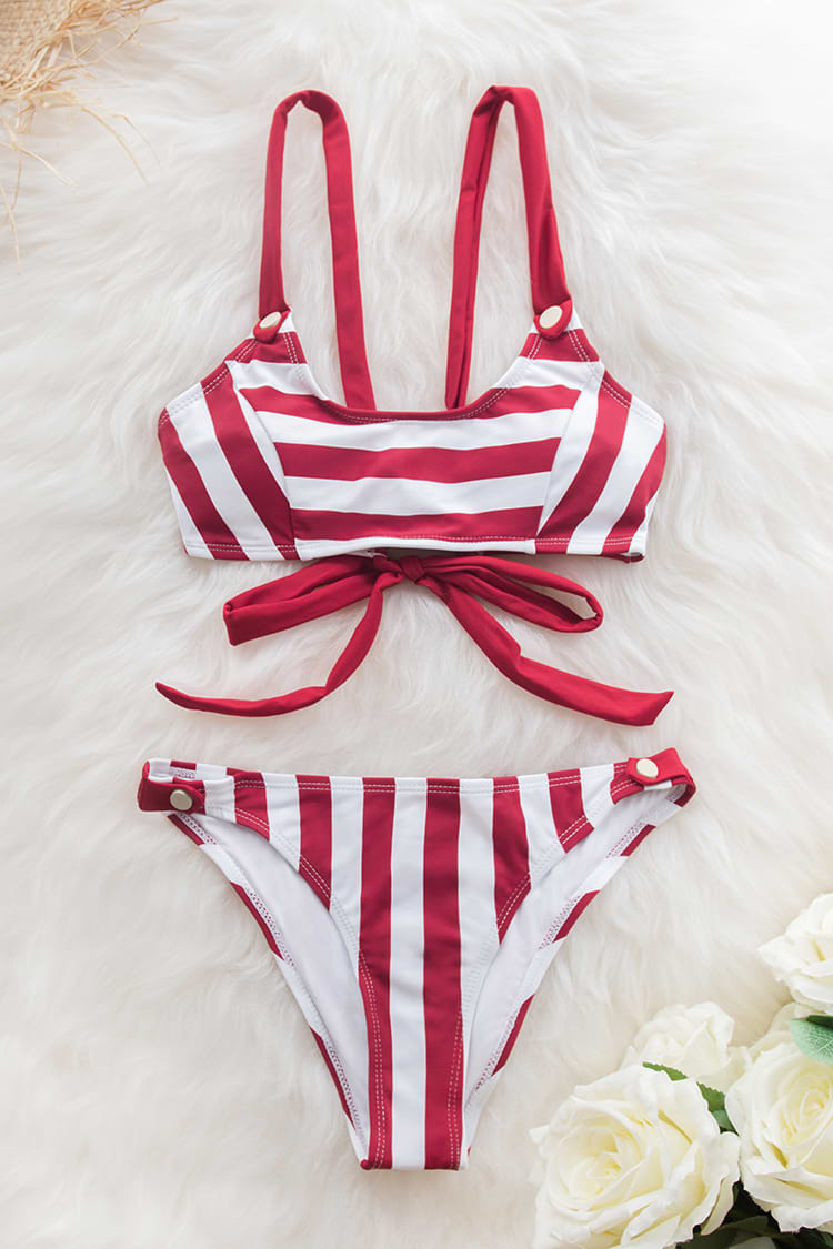 Red and White Stripe Buttoned Bikini