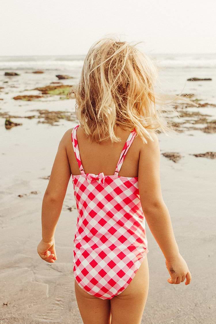 Gingham Bowknot One Piece Swimsuit For Toddler Girls and Girls