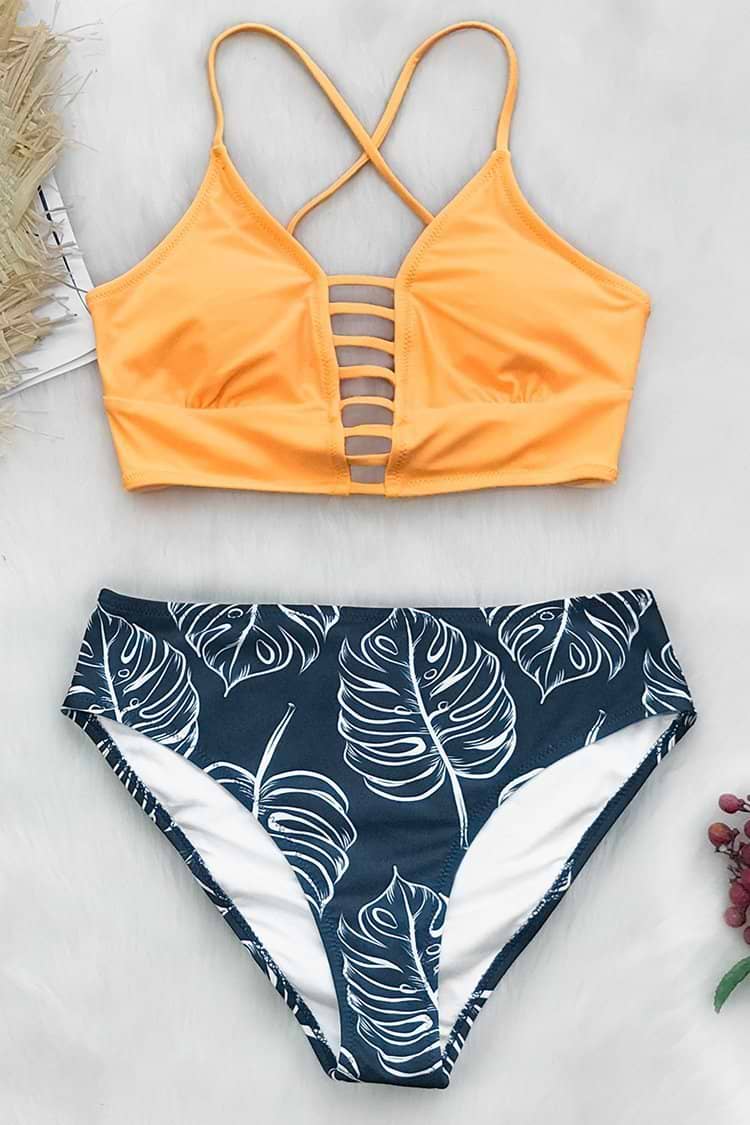 Yellow and Leaves Print Bikini
