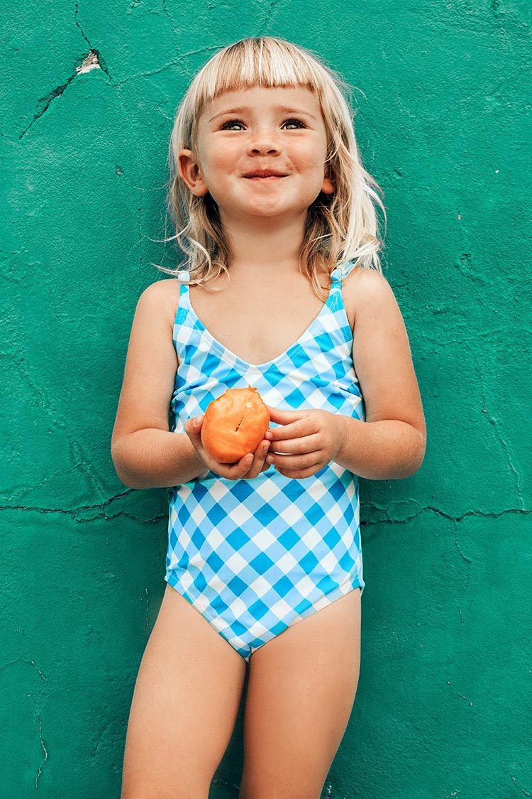 Blue and White Gingham One Piece Swimsuit For Toddler Girls and Girls