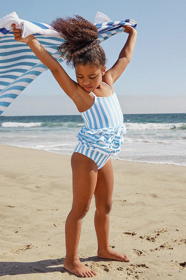 Blue and White Stripe One Piece Swimsuit For Toddler Girls and Girls