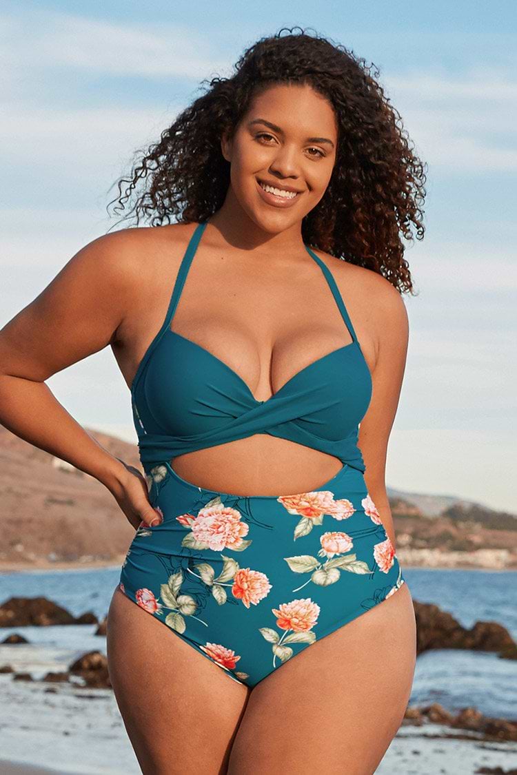 Blue Floral Twist Plus Size One Piece Swimsuit