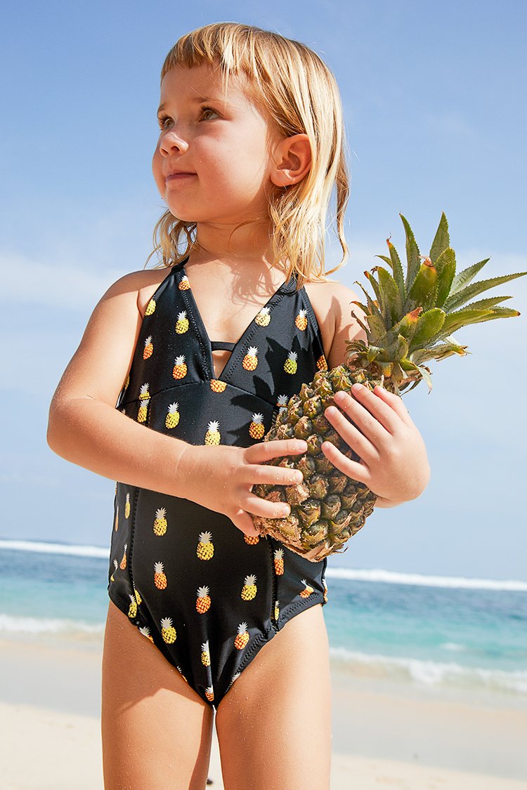 Black Pineapple Printed One Piece Swimsuit for Toddler Girls and Girls