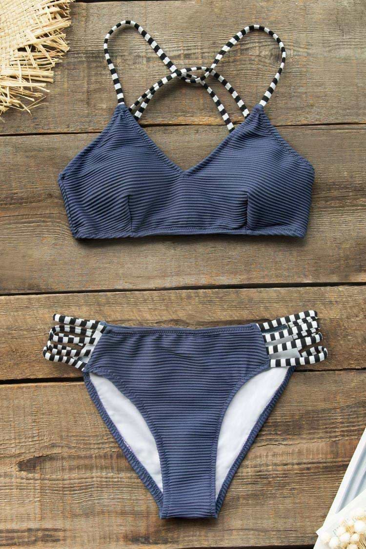 Navy Blue Ribbed and Strappy Bikini