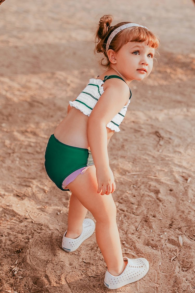 Green Striped Smocked Bikini For Toddler Girls and Girls