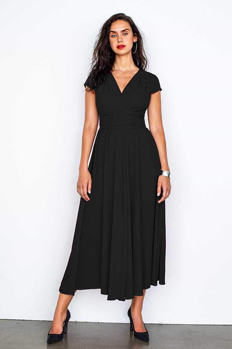 Black V-Neck Shirred Dress