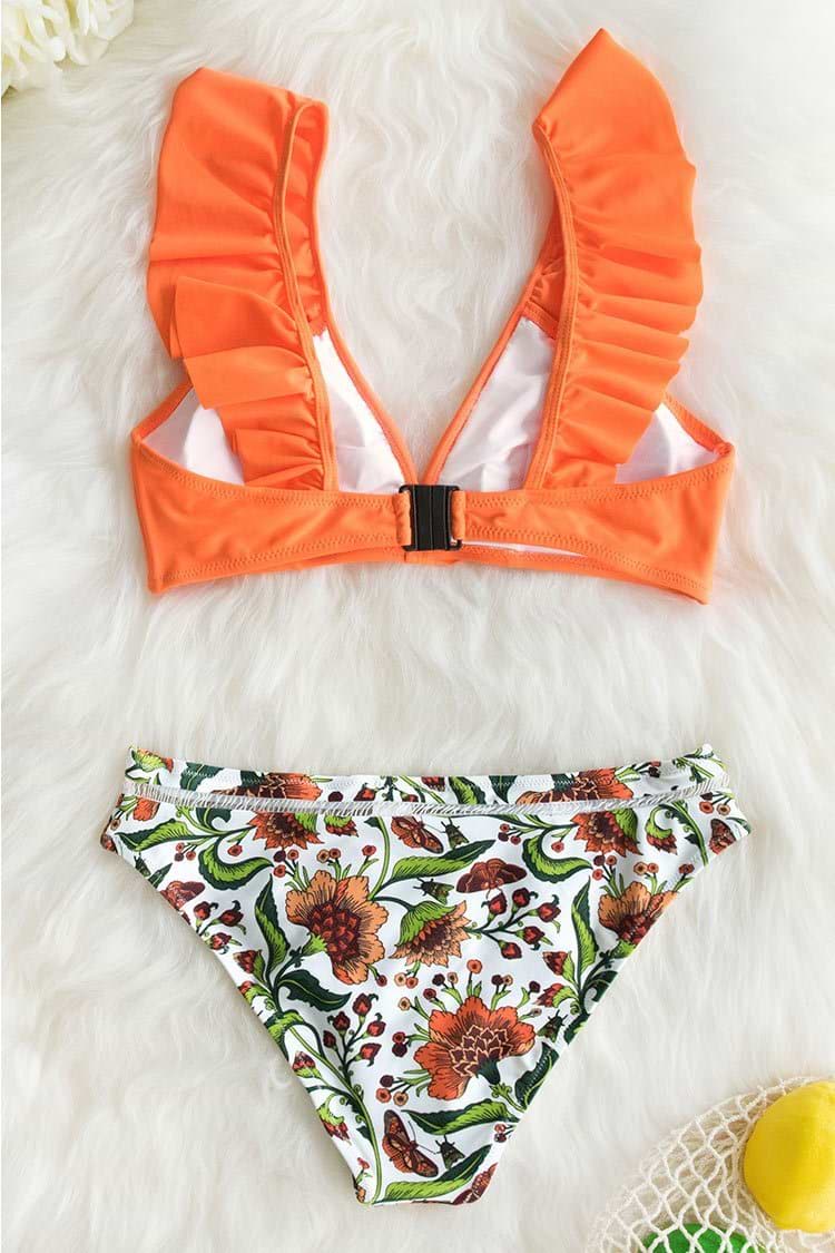 Orange Ruffle Bikini with Floral Bottom
