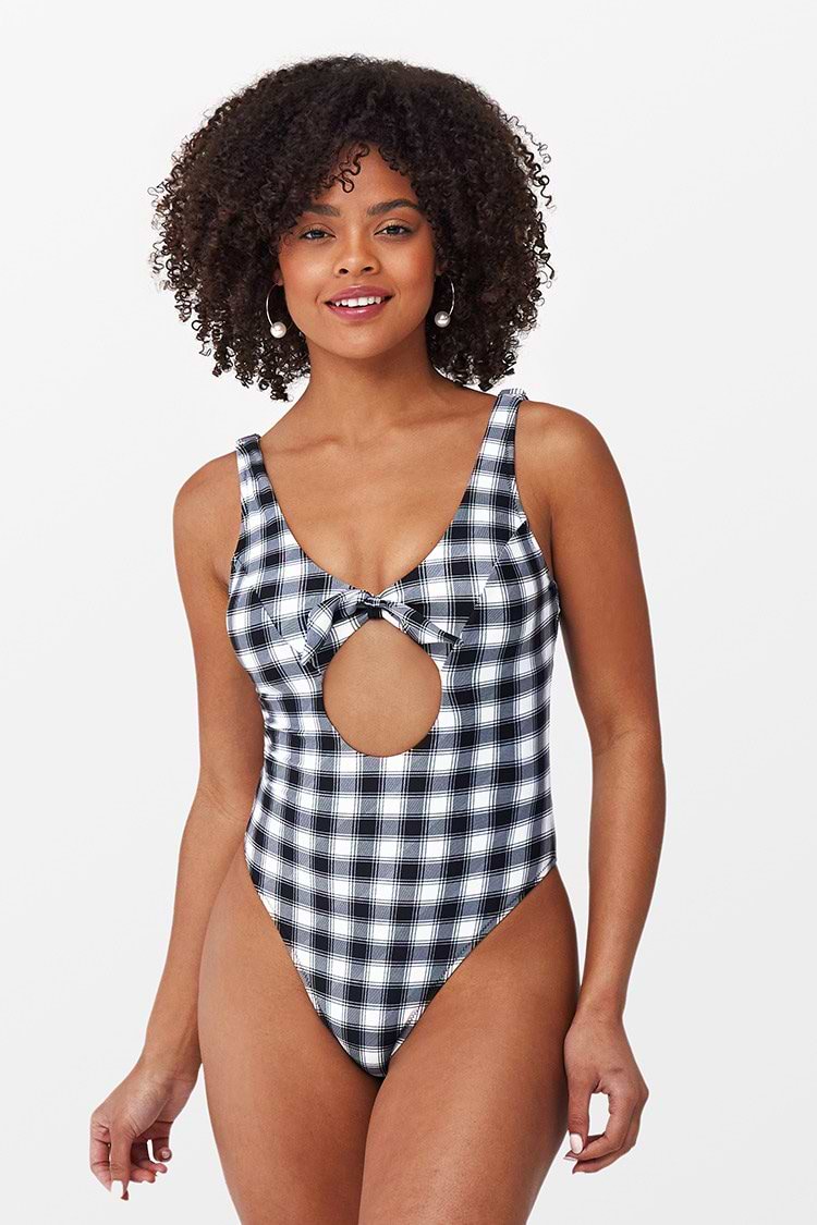 Retro Gingham Bowknot Cutout One Piece Swimsuit