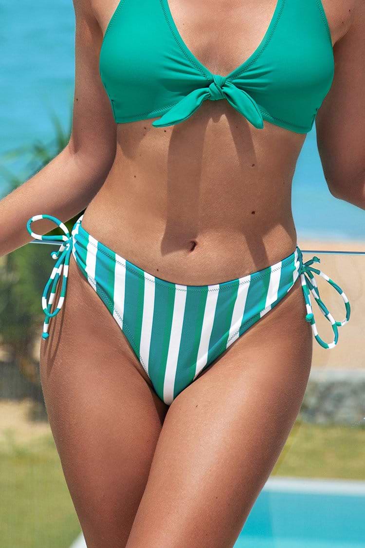 Emmalyn Teal And White Striped Drawstring Bikini Bottom