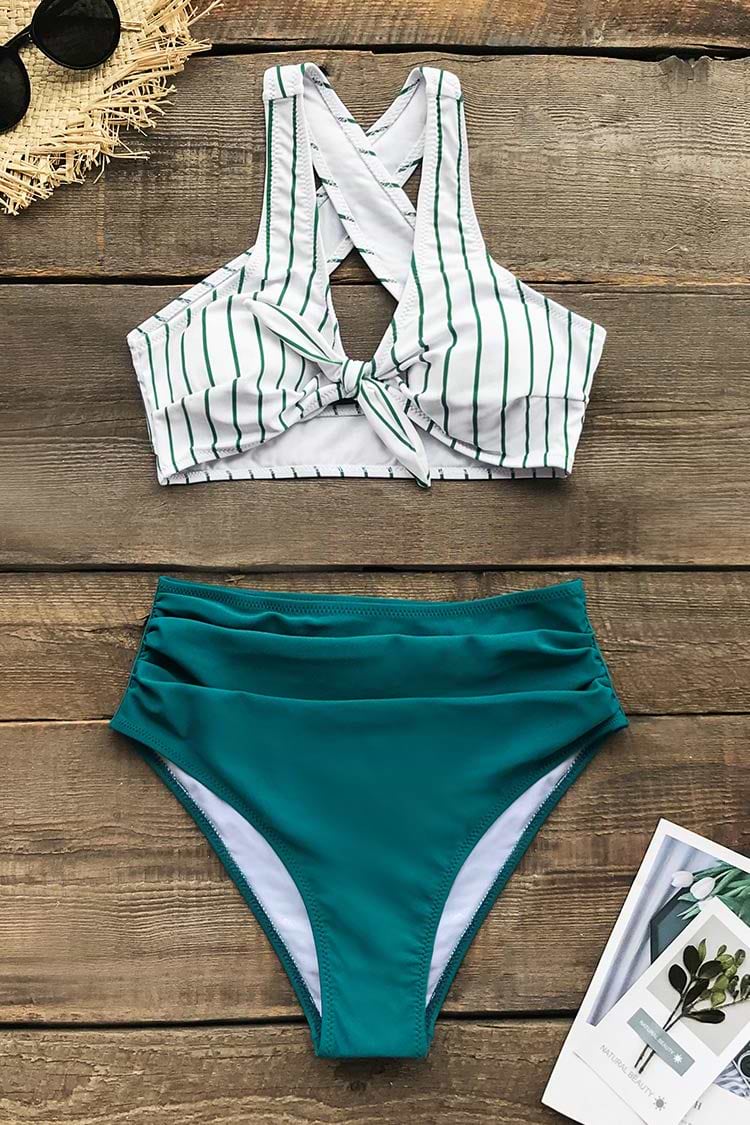 Teal Solid and Striped High Waisted Bikini
