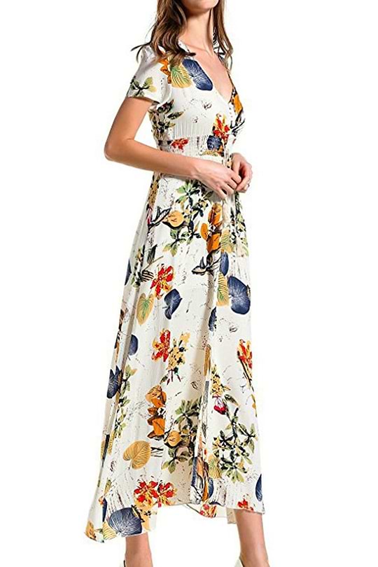 Floral Print Front Button Slit Dress