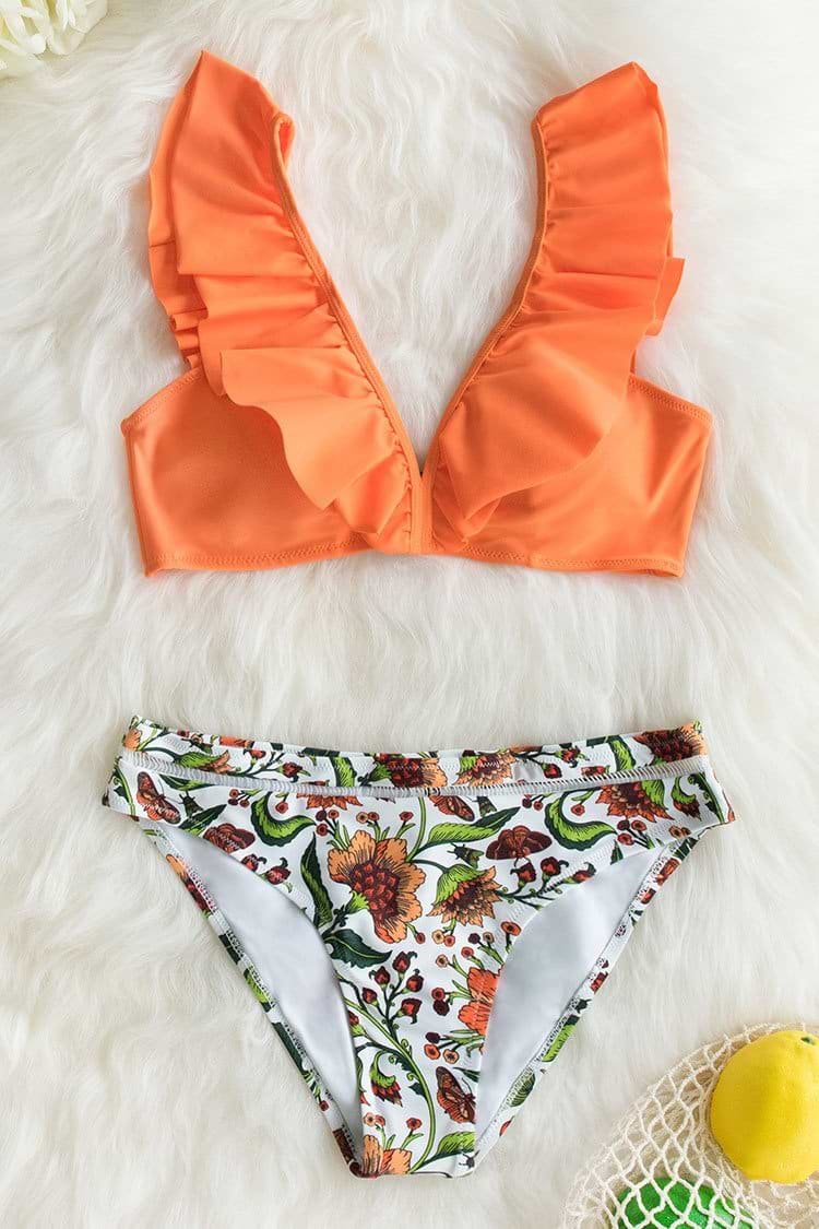 Orange Ruffle Bikini with Floral Bottom