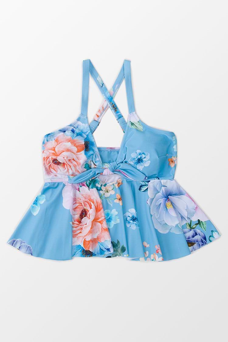 Julie Blue Floral Ruffle Crisscross Plus Size Bikini Top