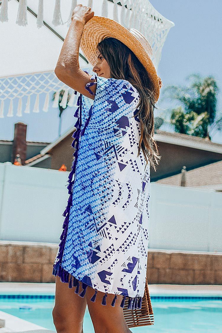 Geometric Print Tassel Trim Cover Up