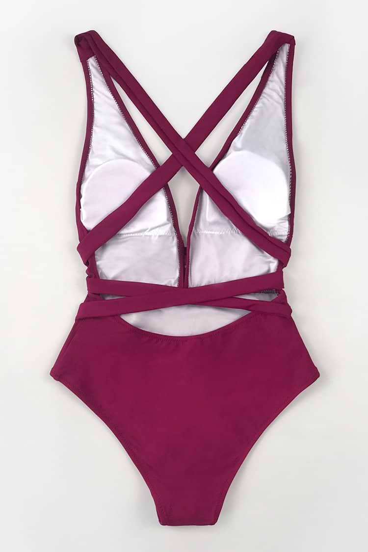 Red Deep V-neck One Piece Swimsuit
