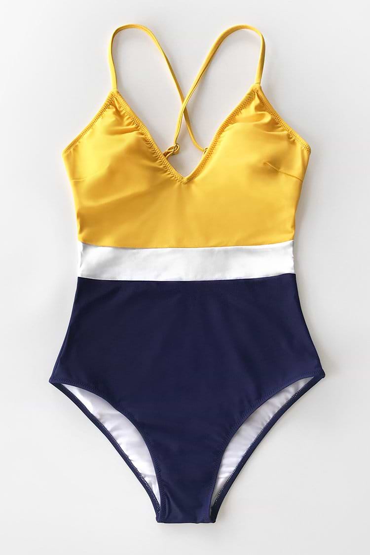 Colorblock V-Neck One Piece Swimsuit