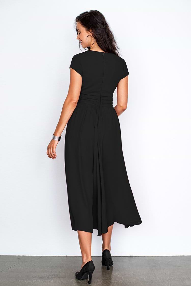 Black V-Neck Shirred Dress