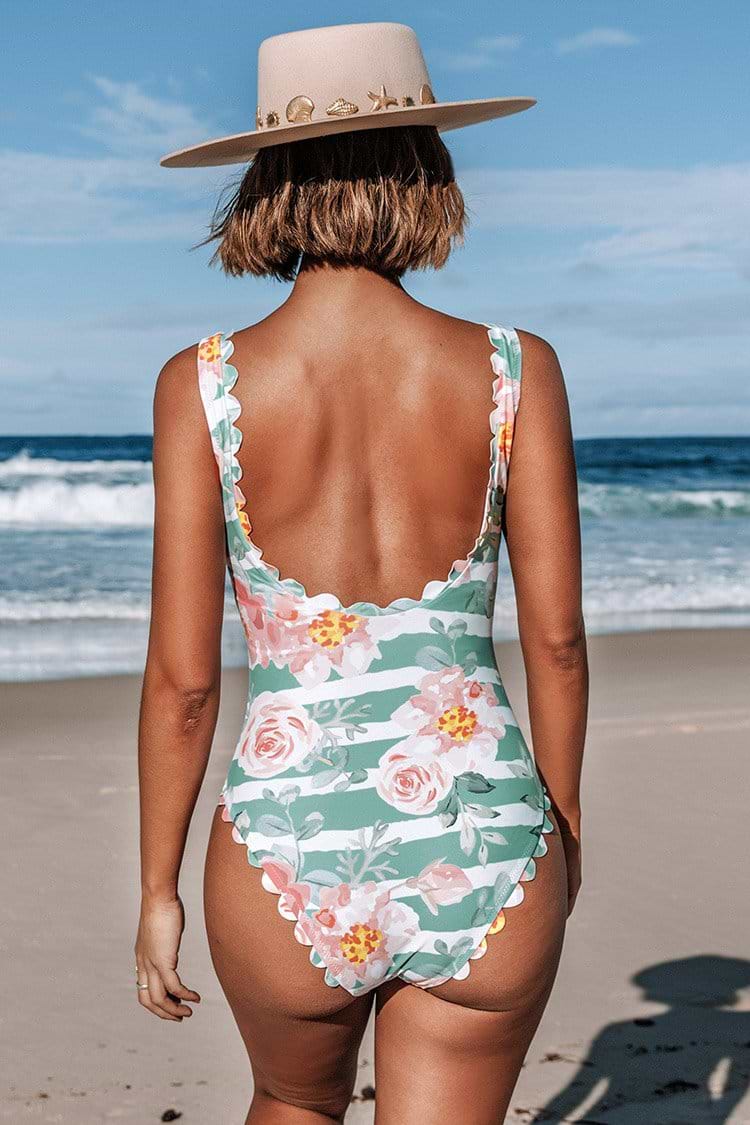 Floral and Striped Scalloped One Piece Swimsuit