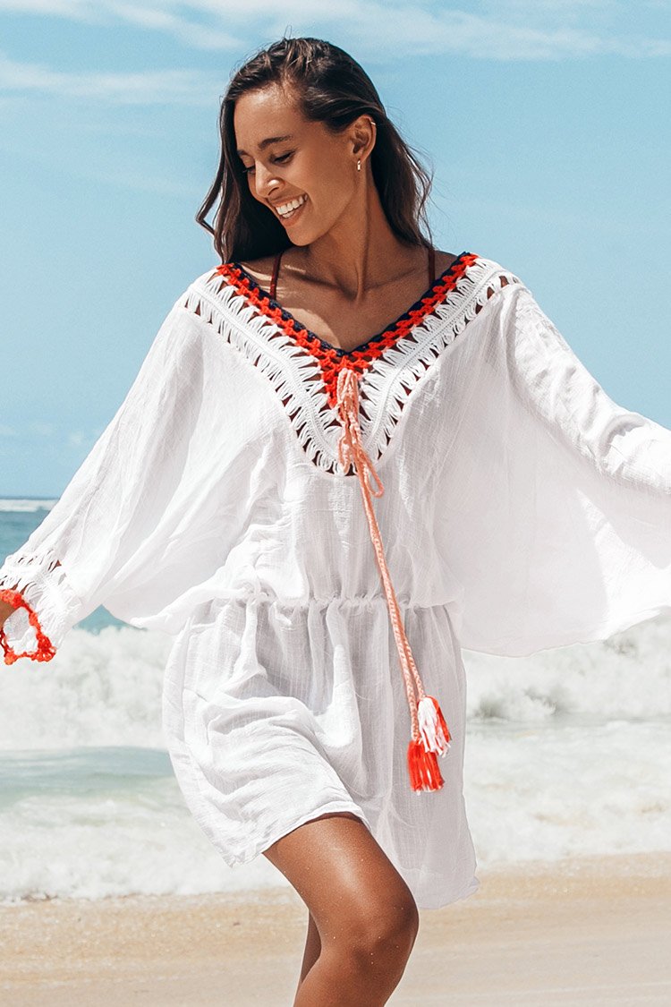 CUPSHE Women's Cover Up White Tunic Red Trim Swimsuit CUPSHE Women's Cover Up White Tunic Red Trim Swimsuit