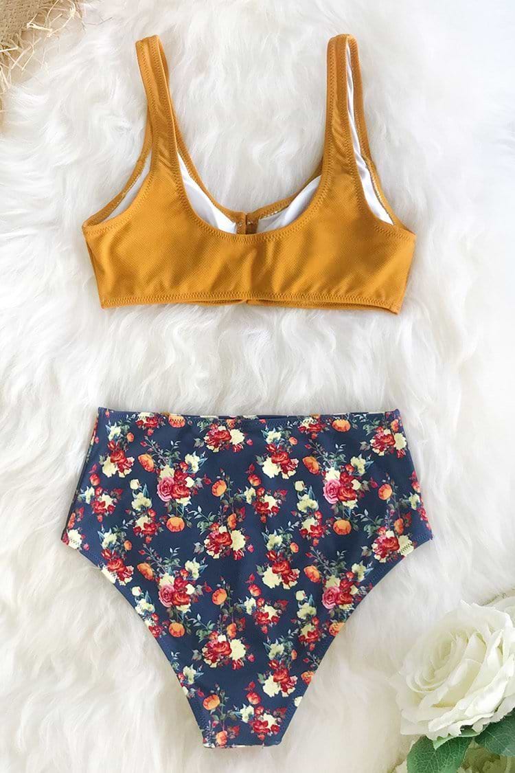 Caramel Buttons High Waisted Floral Bikini