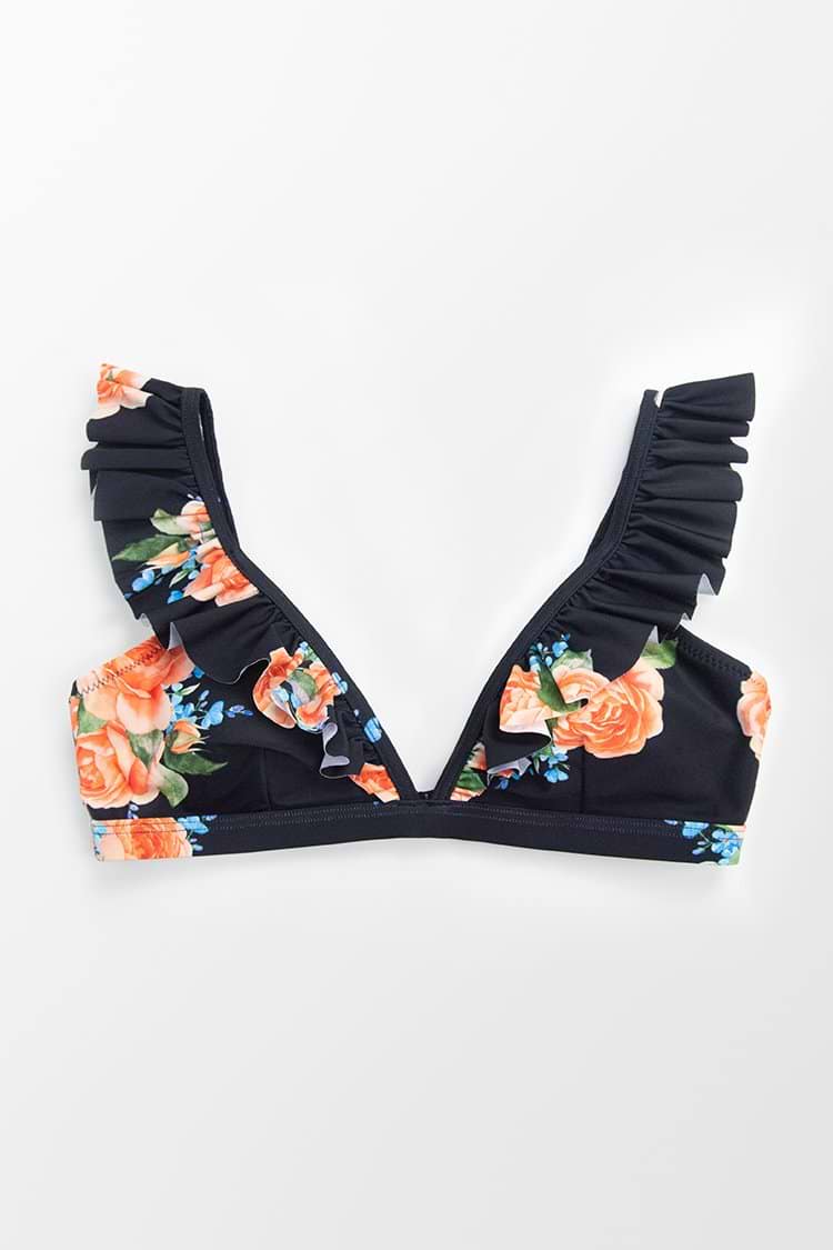 Navy Floral V-neck Ruffle Bikini Top