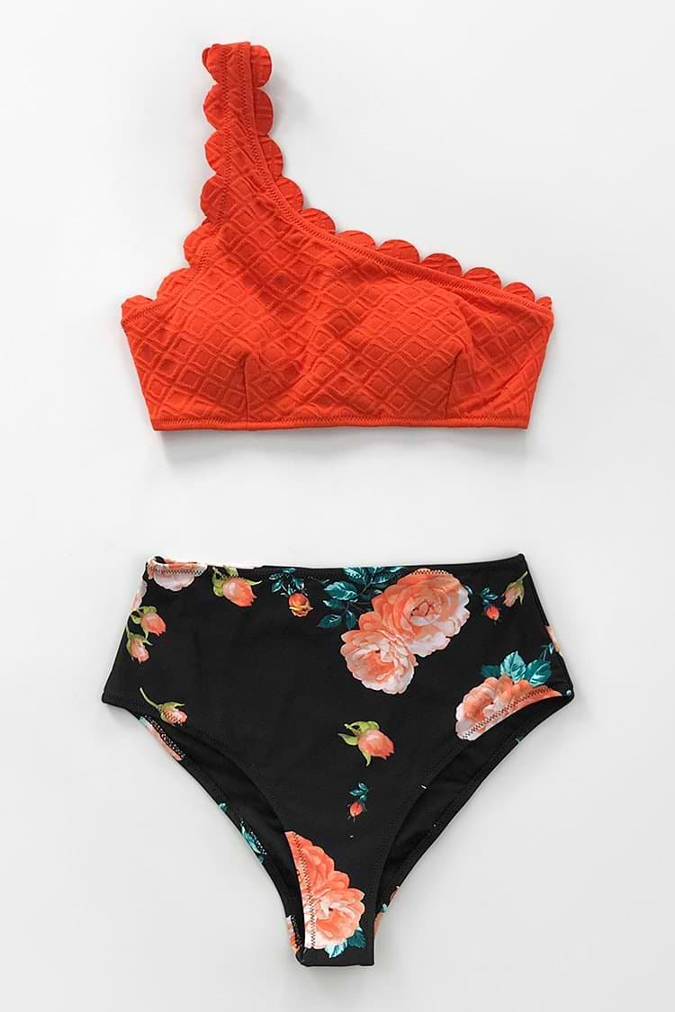 Red Scalloped One Shoulder Bikini
