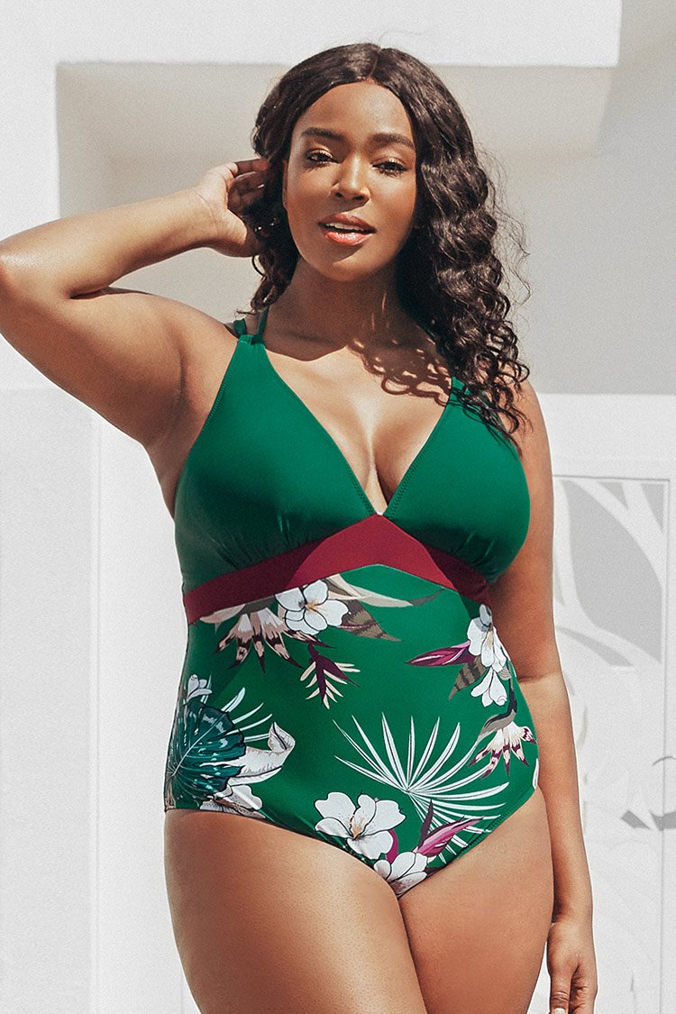 Green and Floral Plus Size One Piece Swimsuit