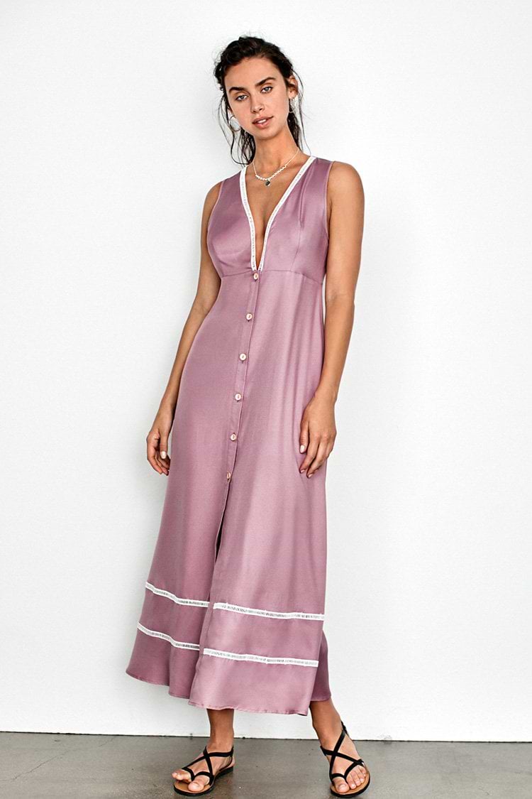 Pink Plunging Neckline Buttoned Dress
