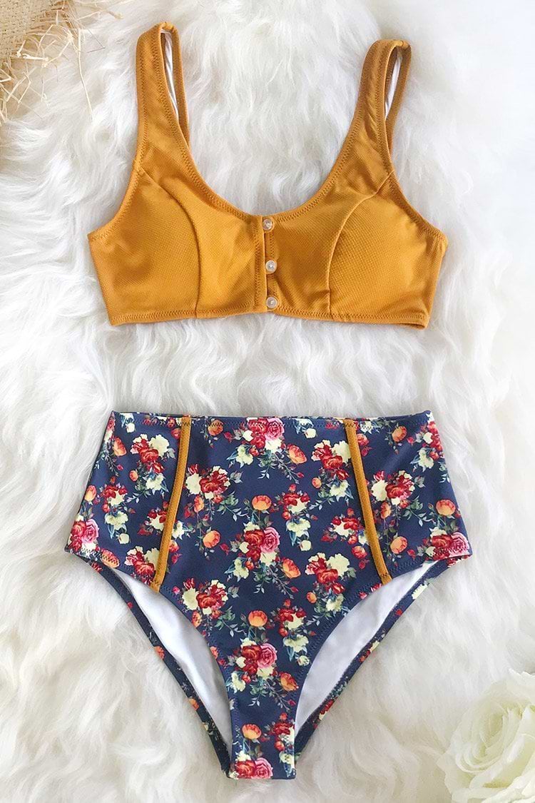 Caramel Buttons High Waisted Floral Bikini