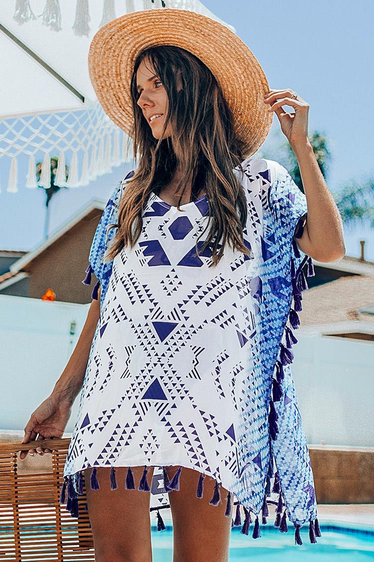 Geometric Print Tassel Trim Cover Up