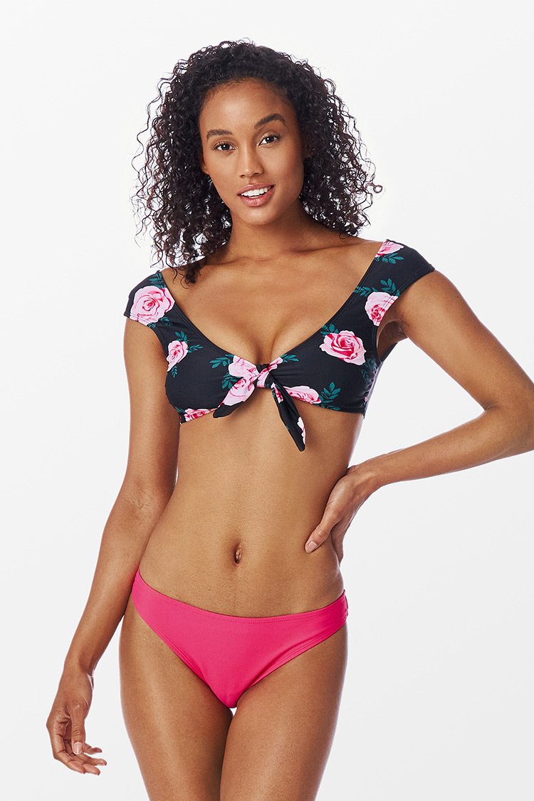 Floral Print Capped Sleeve Knotted Bikini