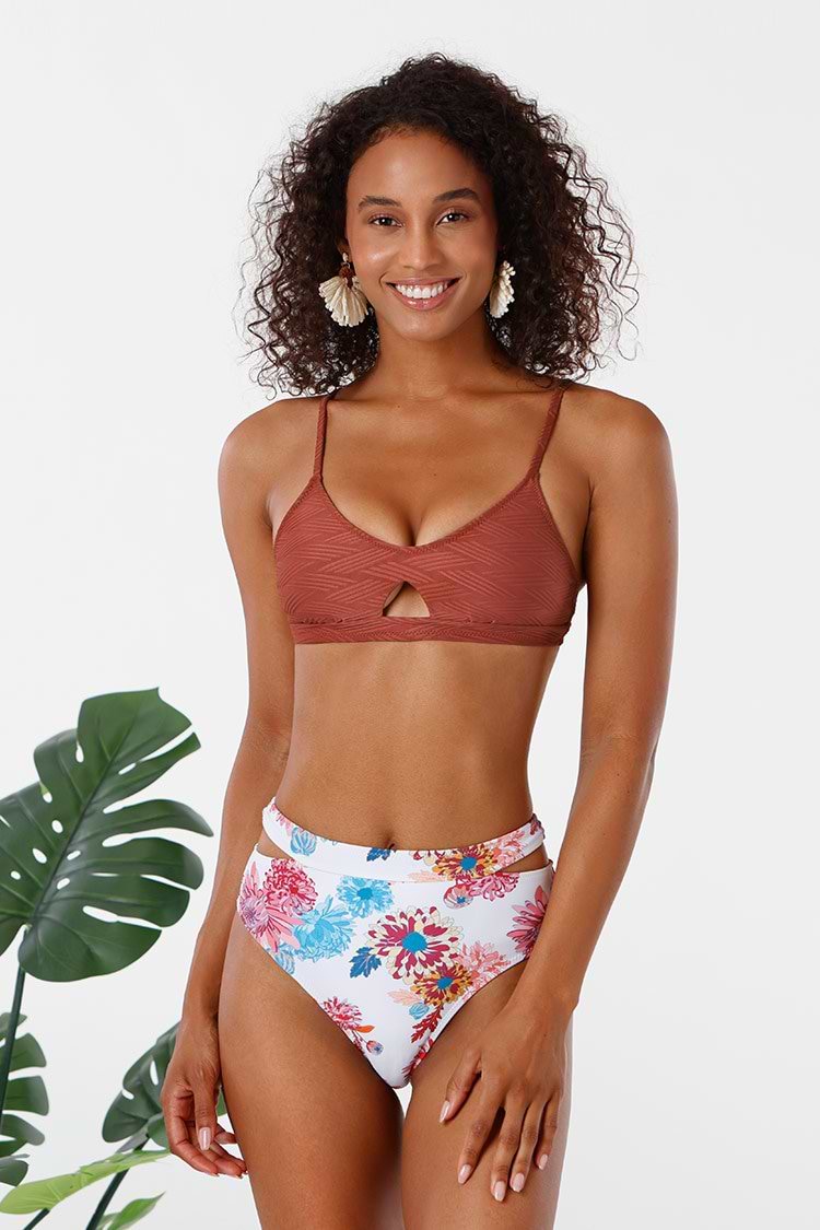 Burnt Red Textured And Floral Cutout High Waisted Bikini