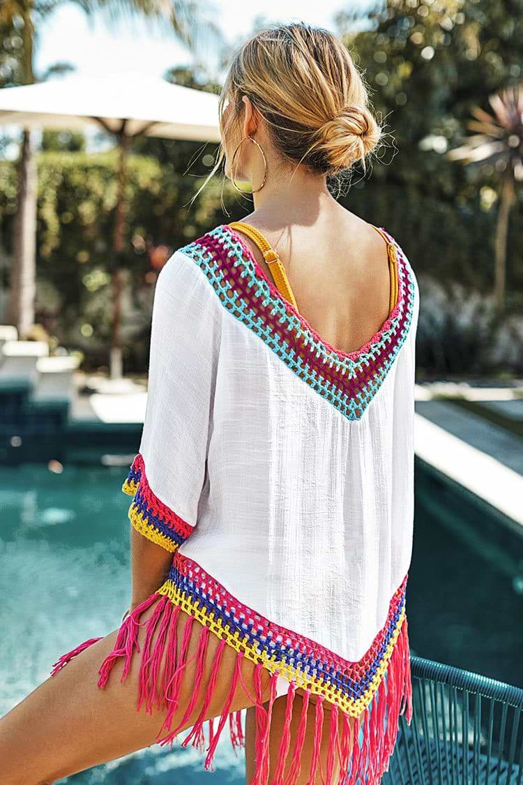 White Cover Up with Rainbow Crochet Trim