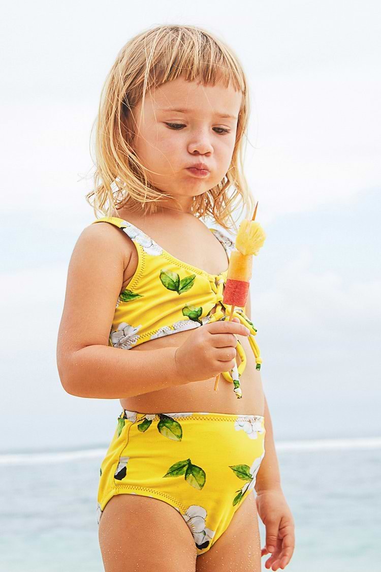 Yellow Floral Printed Front Tie Bikini for Toddler Girls and Girls