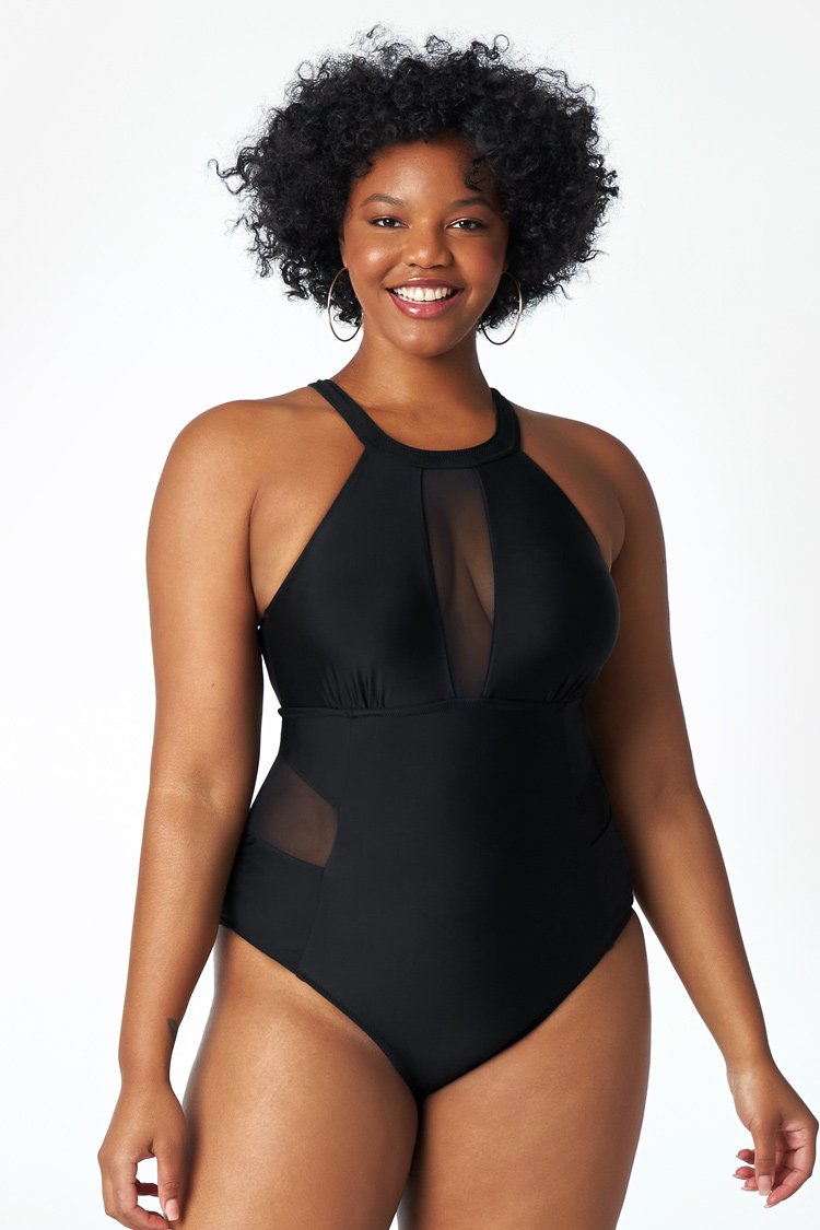 CUPSHE Women's One Piece Plus wimsuit Black Mesh High Neck Bathing