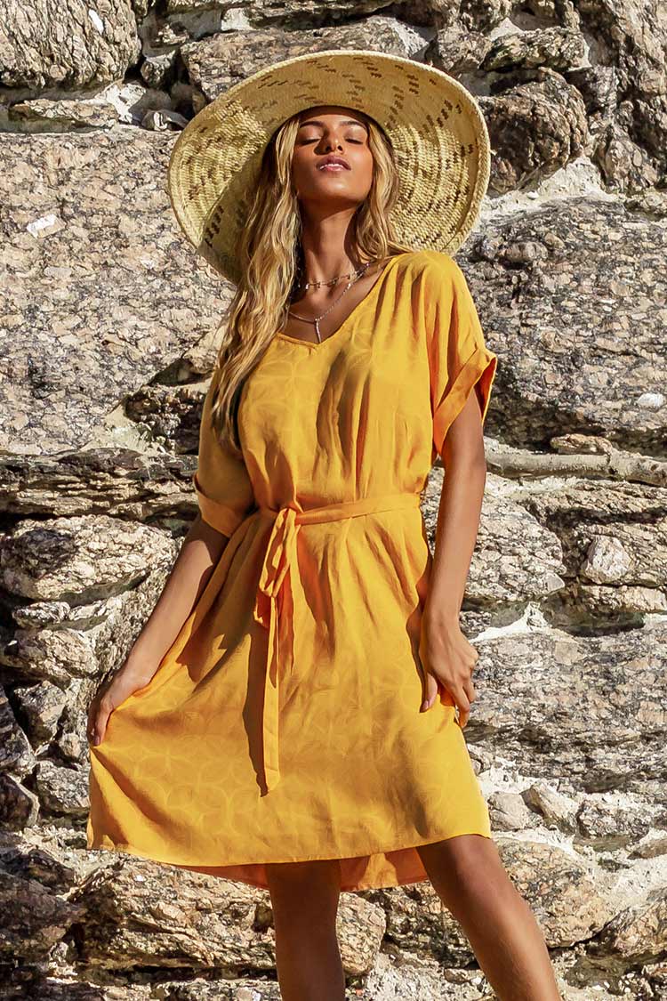 Yellow V-neck Side Slit Dress