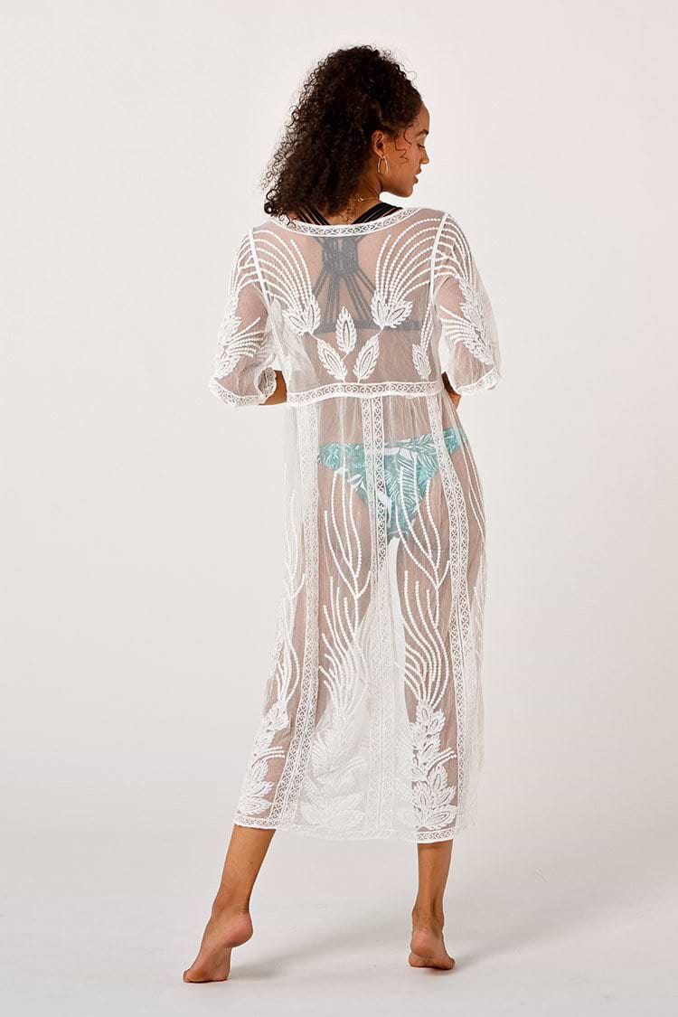 White Embroidery Kimono Cover Up